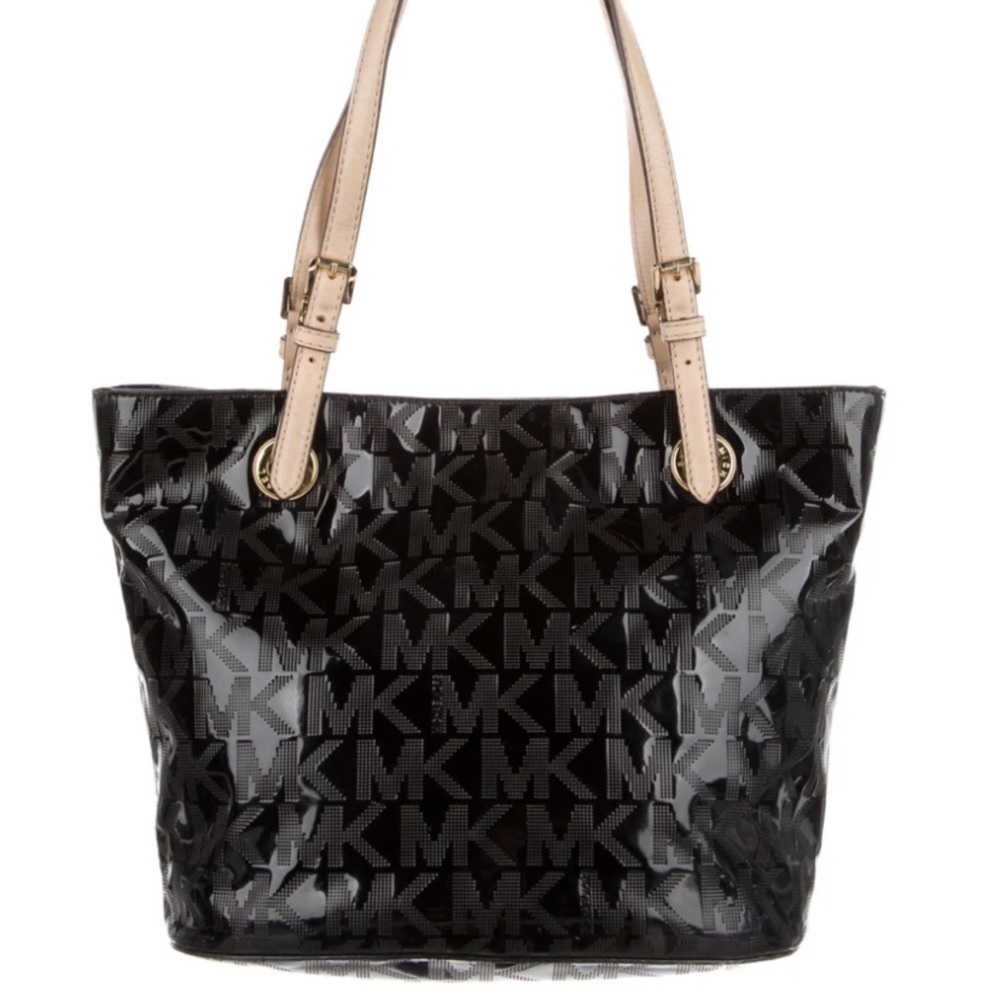 Michael Kors Jet Set Black Patent Leather Logo Tote Bag Purse - Picture 1 of 8
